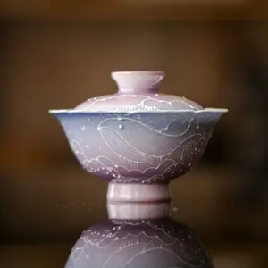 Starry Sky Hand Painted Purple Whale Arita Porcelain Gaiwan Creative Tea Tureen Tea Bowl With Lid Kit Tea Maker Cover Bowl