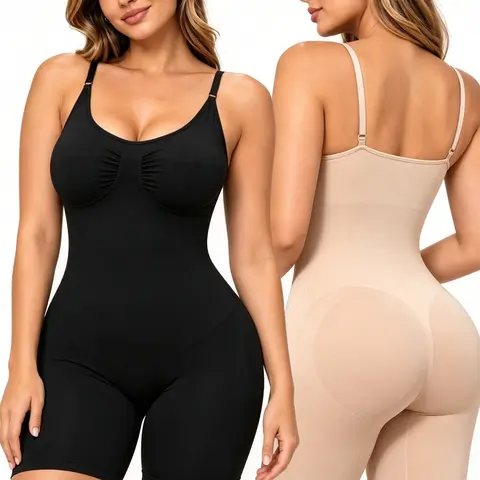 COLD CARP 2PCS Shapewear Bodysuit for Women Tummy Control Full Body Shaper High Compression Seamless Shaping Boyshorts Fajas Jumpsuit Ribbed Seamless Ruched Bust Hourglass Womenswear shape