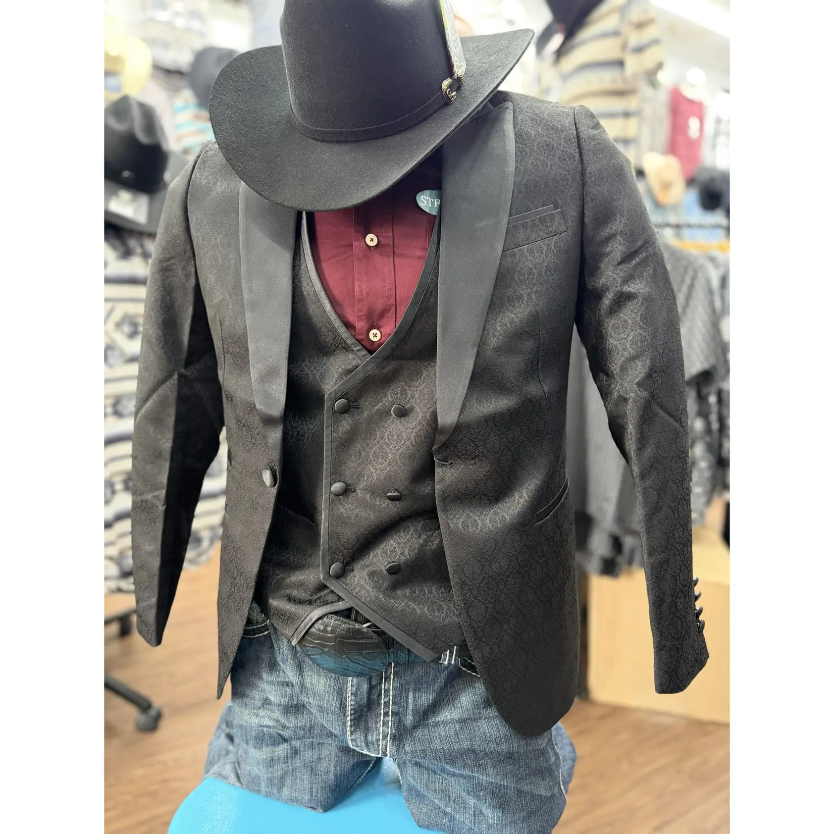 Men Patterned Black Double-Breasted Blazer & Vest Set