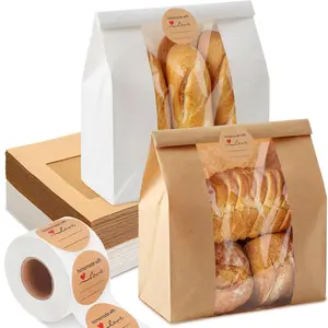100 Pcs Bread Bags for Homemade Bread Sourdough Paper Bakery Bags with Window Large Kraft Paper Bakery Pocket for Storage Cookie Snacks, 500 Seal Stickers, 13.8 x 8.3 x 3.5 Inch