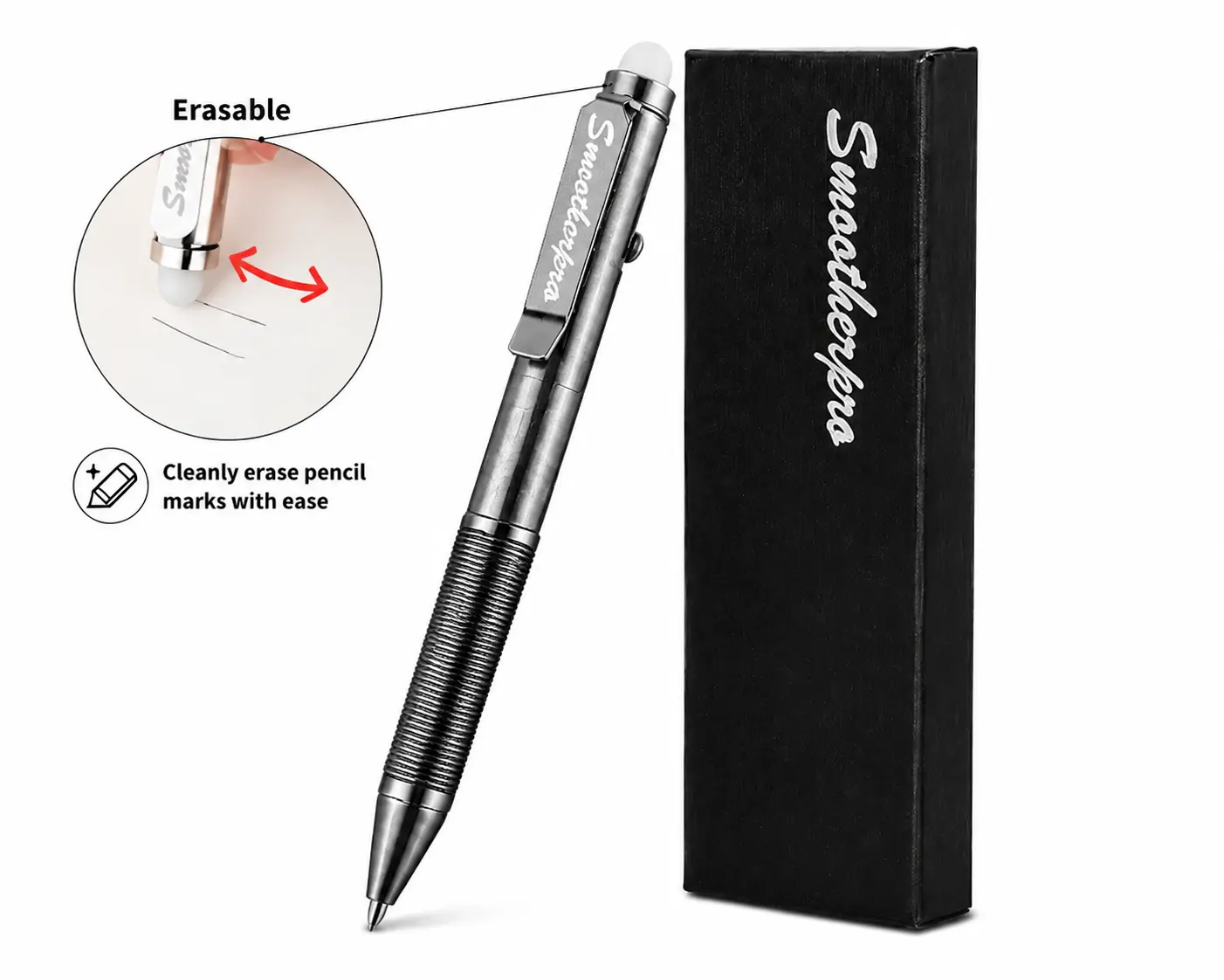 SMOOTHERPRO EAP02-GD Erasable Solid Brass Bolt Action Pen - Weighted Heavy EDC Writing Instrument, L-Bolt Design, Pilot FriXion Refill Compatible, Durable Clip for Business Use, Retro Collection Pens