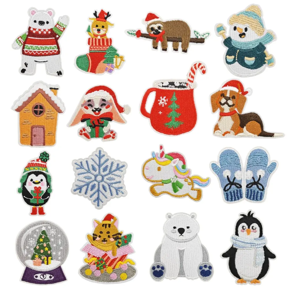 16-Piece Durable Polyester Iron-On Sew-On Embroidery Patches - Cute Modern Christmas Applique for Denim Jackets, T-Shirts (Snowman, Polar Bear, Penguin, Snowflakes, Hot Cocoa Designs)