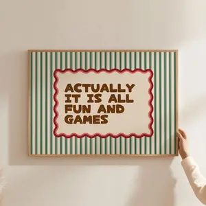 [Sale off up to 50%] [Free ship] [No Frame] Physical Poster - Actually It Is All Fun And Games Wavy Frame Art Print | Green Red Brown Striped line Typography Wall Art| Positive print (No Frame)