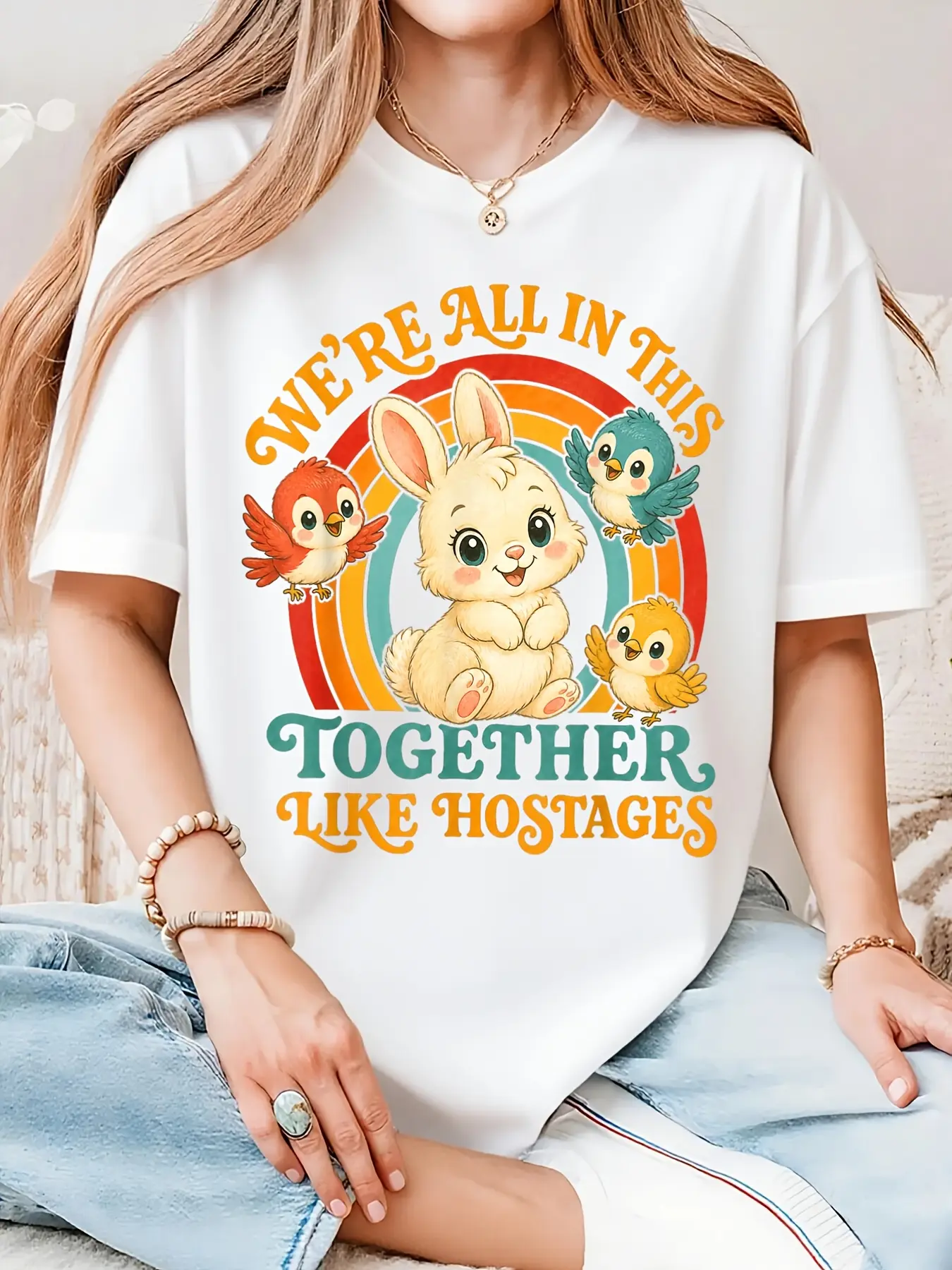 We're All in This Together Like Hostages Novelty U unisex soft cotton short sleeve t shirt, vintage graphic casual tee for men women teens, perfect birthday holiday gift for camping travel gym daily street  wear