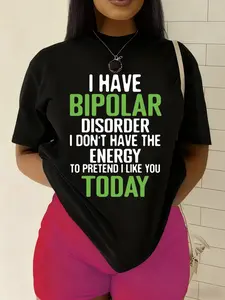 Plus Size, Women's Fun Bipolar Disorder Humor T-Shirt- Pure 180g Soft Black Street Style Design, Bipolar Disorder Theme Print, Daily Casual Wear and Mental Health Topic Starter Item