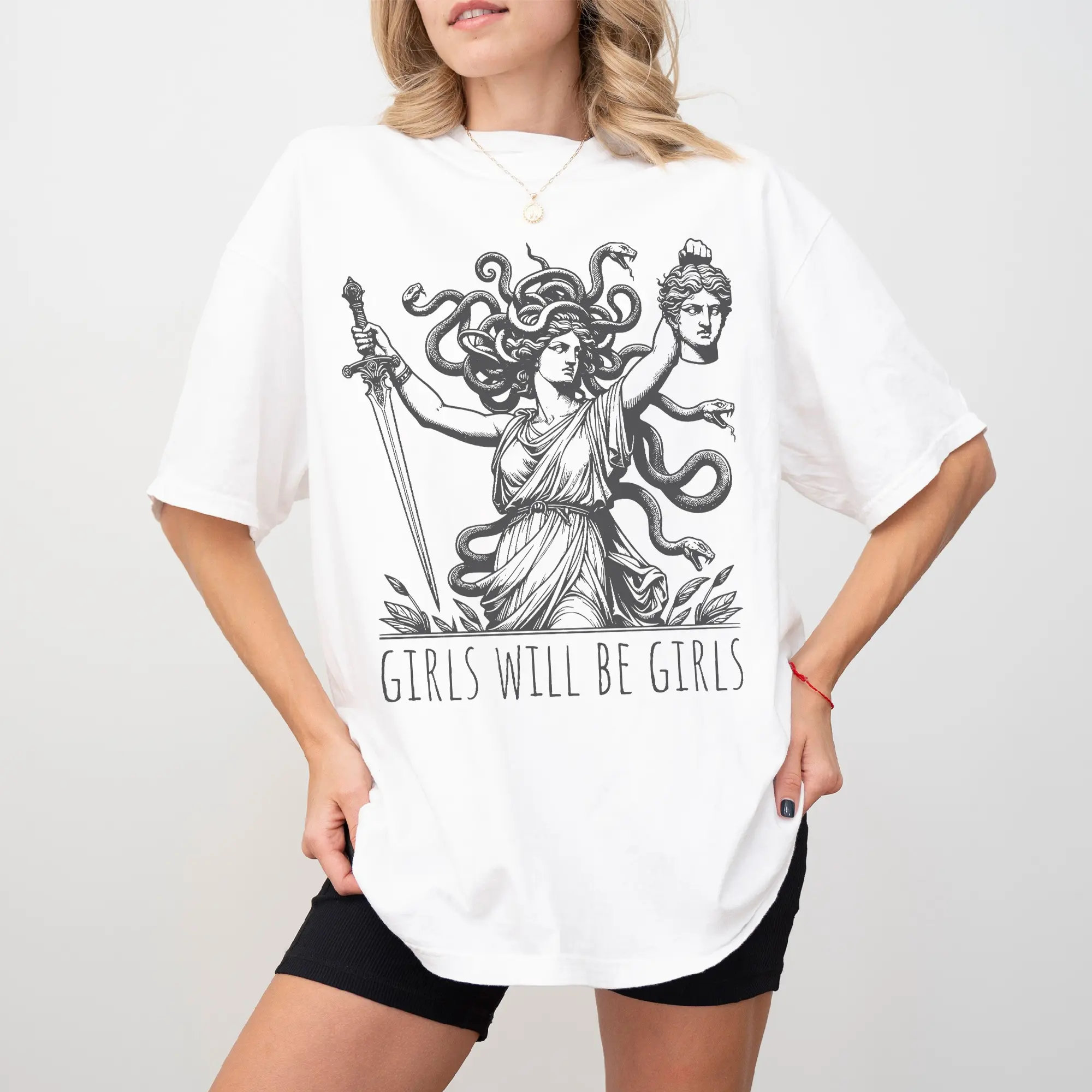 Women's Medusa & Perseus Head Girl Power Graphic Tee - Girls' Everyday Sports Top for Beach, Denim Pairing, Swimsuit Cover-Up, Leggings