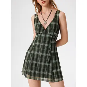 Cider [3 colors, size 0-26] V-neck Check Mini Dress