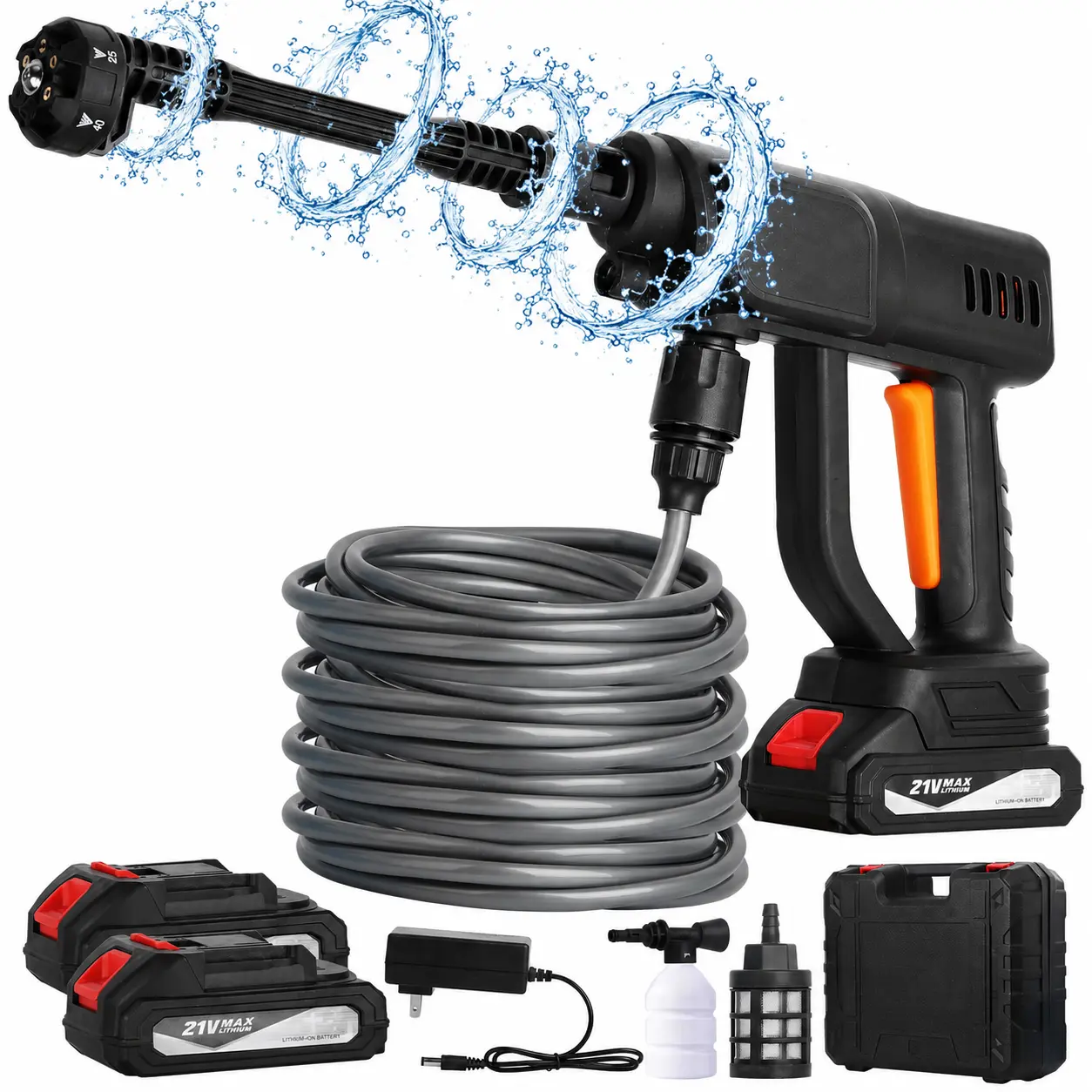 990 PSI Portable Cordless Pressure Washer, 21V Battery-Powered Car Wash Spray Gun with 6-in-1 Nozzle, Hose & Foam Bottle, Rechargeable High-Pressure Water Cleaner for Cars, Garden Watering, Home Cleaning, Portable Pressure Washer