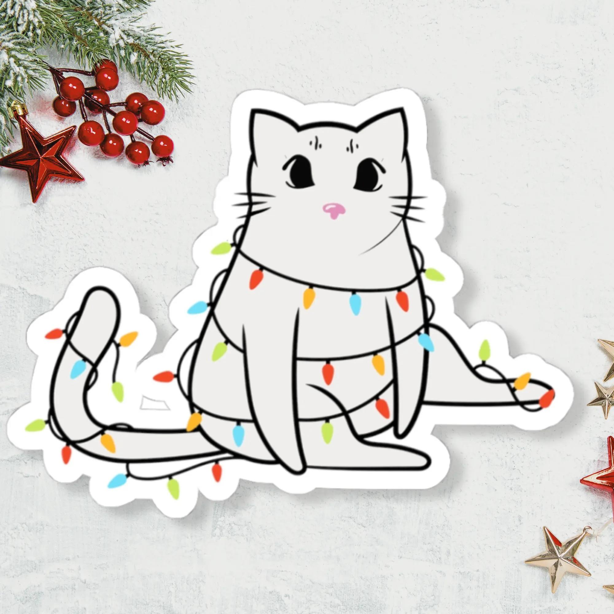 Cat with Christmas Lights Sticker – Glossy Vinyl Die-Cut Decal