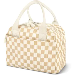 Insulated Lunch Bag for Women Men, Corduroy Lunch Tote Leakproof Cooler Bag with Reinforced Stitching, Cute Lightweight Thermal Lunch Box for Work Study Picnic Travel, Checkered Beige Brown