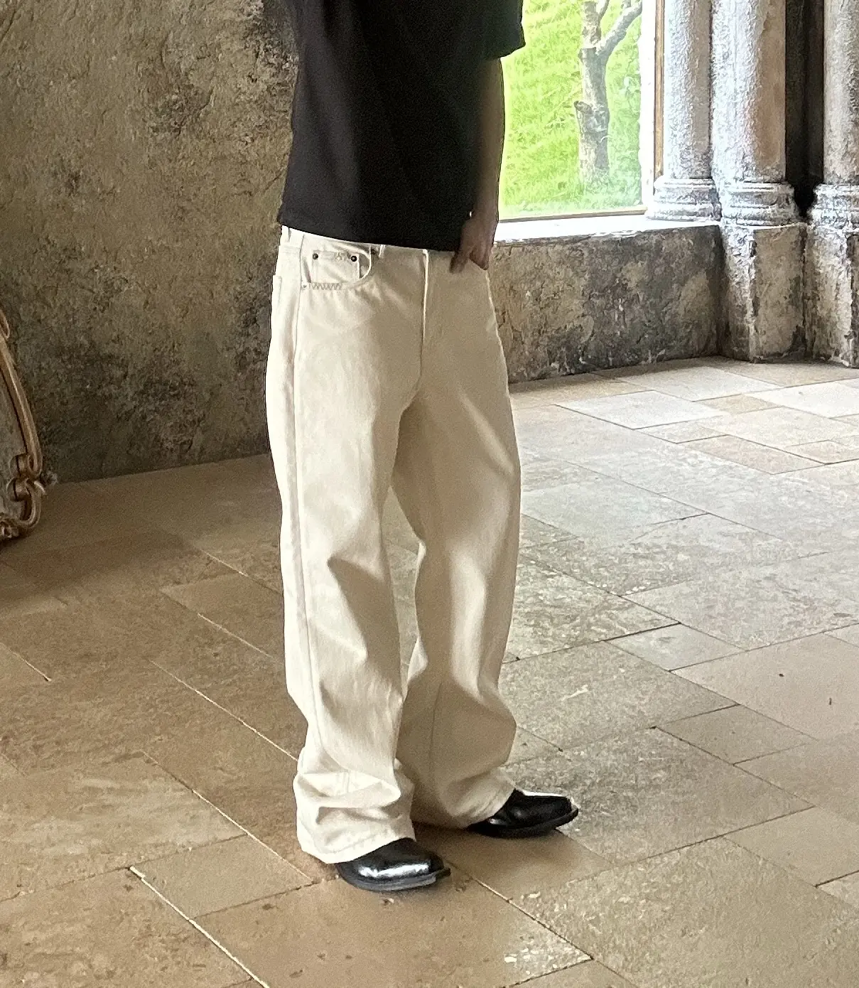 "Cream men's jeans, bootcut jeans, men's baggy jeans, classic relaxed fit, 100% cotton, mid rise, white flare jeans Menswear Beige  jeans