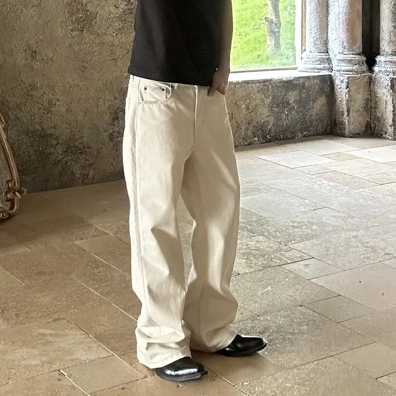 Men's 100% Cotton Fabric Jeans - Mid Rise, Classic Relaxed Fit, Bootcut Flare Denim Pants, Plain Cream Beige, All-Season Streetwear, Chic Look, Triple Stitching