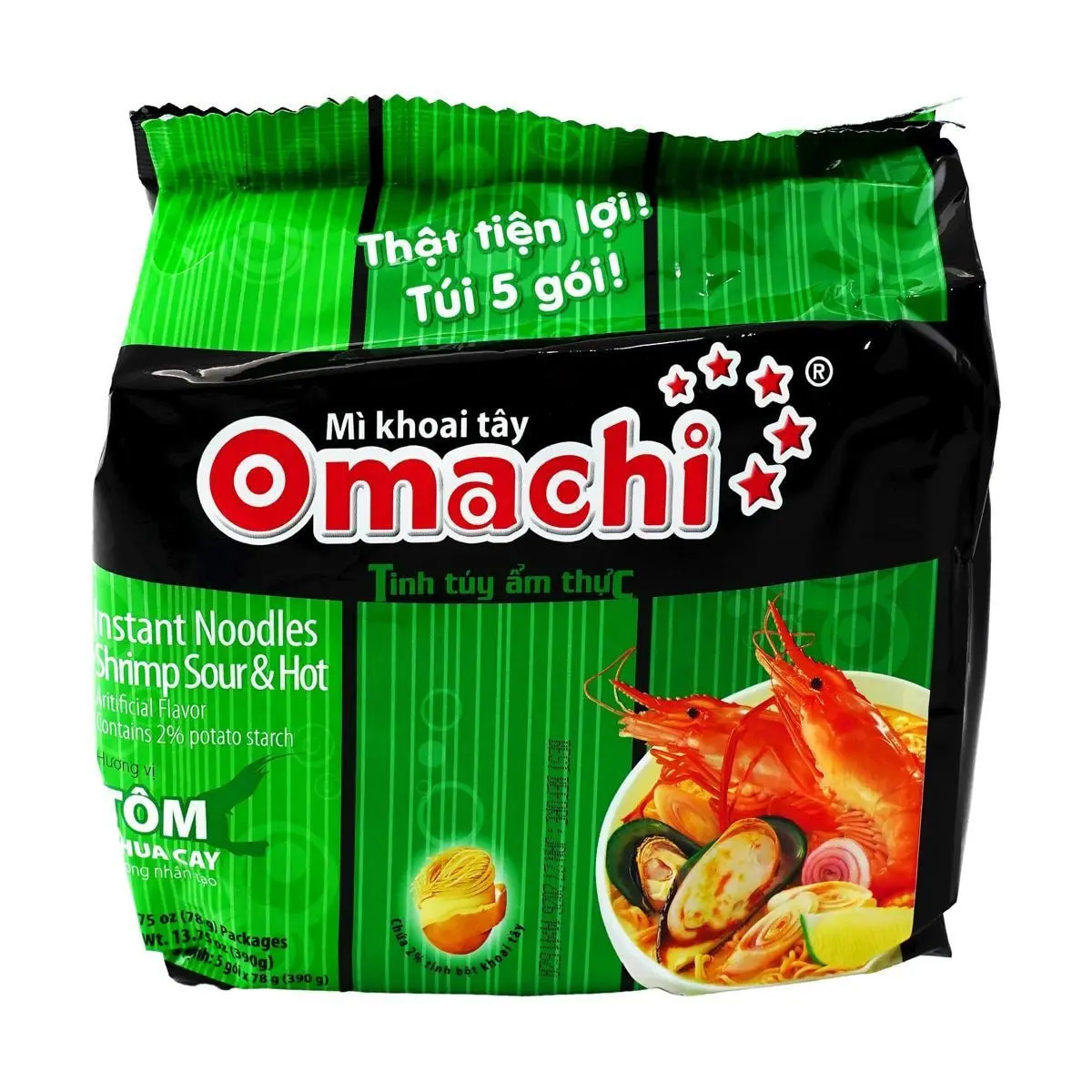 OMACHI Instant Pho Noodles - Spicy Sour Shrimp Flavor, 5 Packs (78g Each) - Authentic Vietnamese Ramen for Quick & Easy Meals