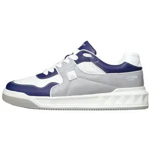 Valentino One Stud Leather Low-Top Lace-Up Sneakers for Men in White, Gray, and Blue Verifiable, with credentials and supporting global authentication