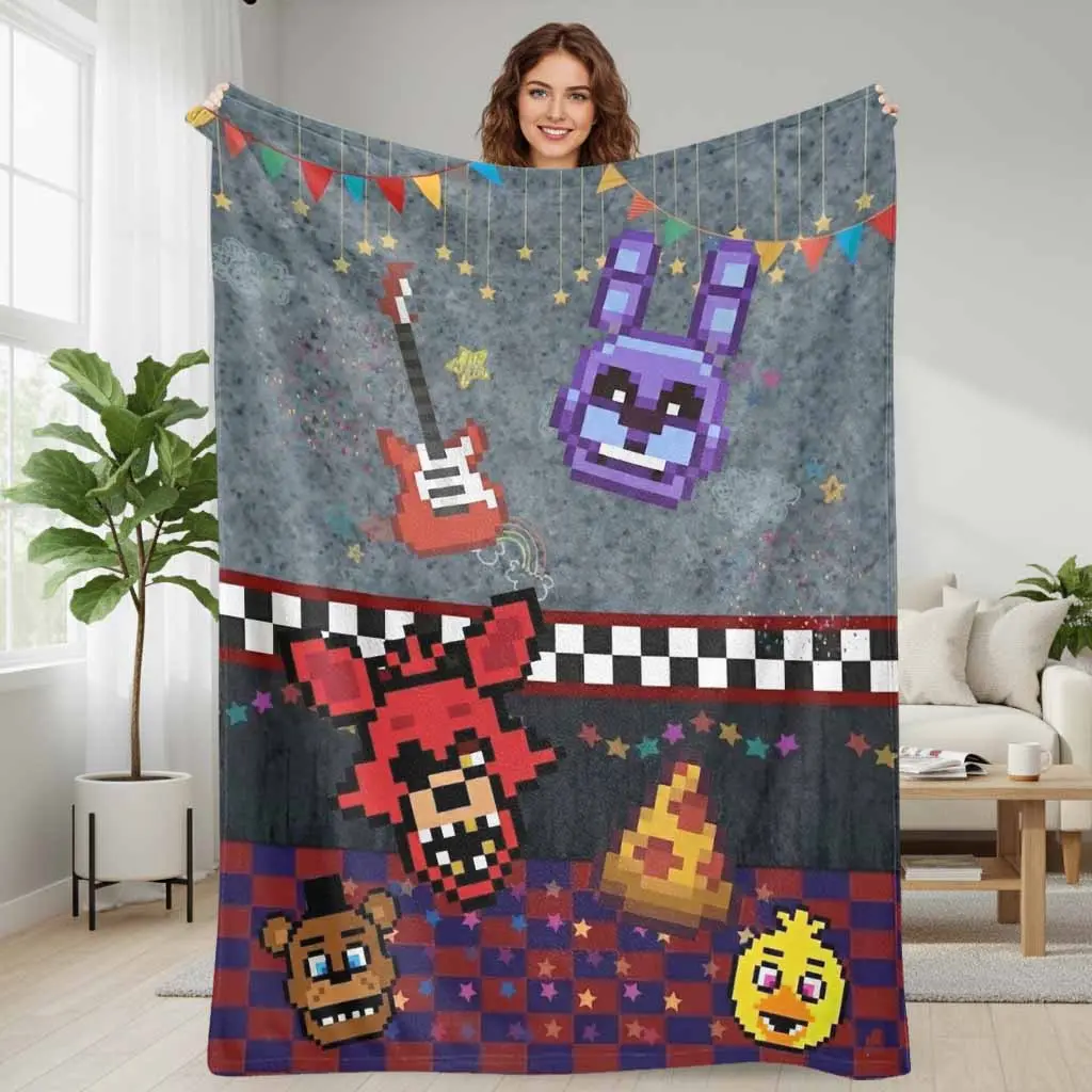 FNAF Pixel Art Custom Flannel Blanket - Guitar Bunny, Fox Pizza Party Print, Cozy Aesthetic, Wrinkle Resistant, Anti-Pilling, Multi-Size, Soft Warm for Bedroom Decor, Gaming Room Use, Holiday Gift