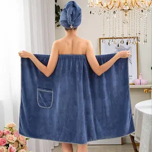 2 items plain coral fleece women's bath dress + hair drying towel.  soft, comfortable and quick-drying for women. Ideal bathroom items for home, bathroom, spa and swimming