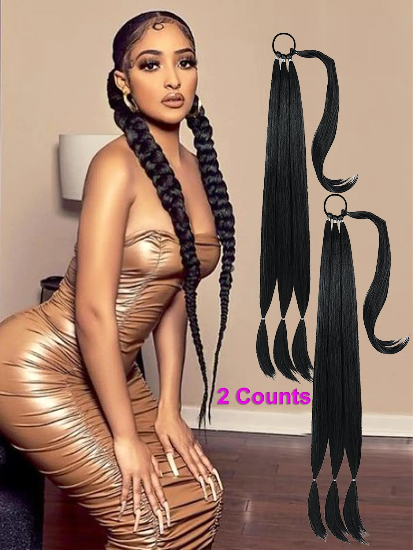Women's 2 Counts Long Braided Ponytail Extension, Soft Synthetic Hair Piece for Women, Straight Wrap Around Ponytail Braided Hair Extensions, Pre Stretched, Braided Design, Braided Hair Texture