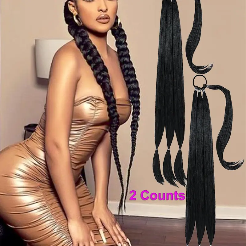 Women's 2 Counts Long Braided Ponytail Extension, Soft Synthetic Hair Piece for Women, Straight Wrap Around Ponytail Braided Hair Extensions, Pre Stretched, Braided Design, Braided Hair Texture