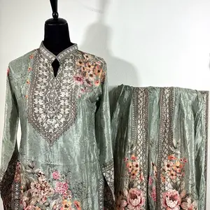 Light Green Doti Pants Dress with Floral Embroidery and Elegant Design
