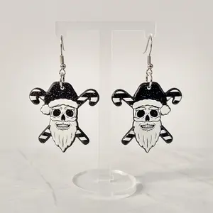 #179 Black Glitter Skeleton Santa with Santa Hat & Candy Canes Earrings- Stainless Steel Hooks- Casual Christmas Jewelry