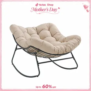 Papasan Rocking Chair Indoor, Oversized Rocking Chair with Thickened Cushion, 450 lbs Large Comfy Egg Chair Indoor,Cozy Lounge Reading Glider Chair for Bedroom, Blue
