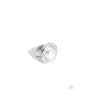 Folded Flair - White Pearl Rhinestone Silver Ring - Paparazzi