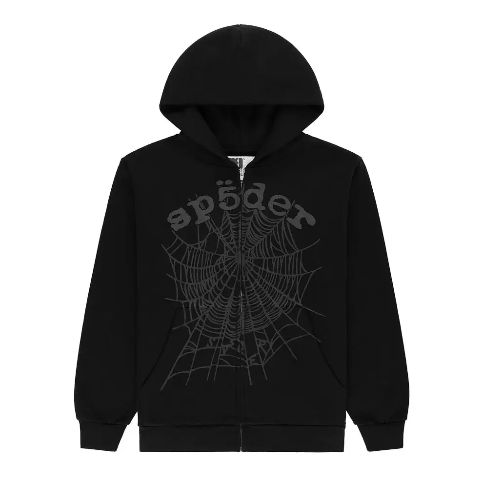 Sp5der Original OG Web V2 Phantom Hoodie Jacket - Unisex Normal Type Tops, 100% Authenticity Guaranteed, Spider-Web V2 Look Print, Casual Long Sleeve Zip Up Graphic Sweatshirt (Black)