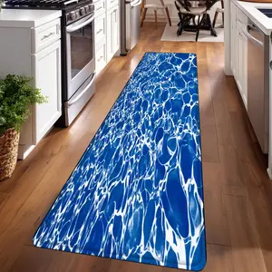 1PC， Blue and White Water Pattern strip rugs, home décor, bathroom mats, entryway mats, bathroom non-slip mats, indoor entrance rugs, bedroom bedside mats, kitchen mats, hallway rugs, flannel sponge rugs, hallway runner rugs