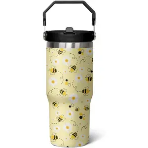 Women's 30 oz Stainless Steel Skinny Transparent Water Bottle - Portable Kitchenware Drinkware Mug, Coffee Container with Handle, Flip Lid, Straw, Printed Daisy Accents, Queen Bee Theme, Plastic-Free Cartoon Birthday Gift, Water Bottles