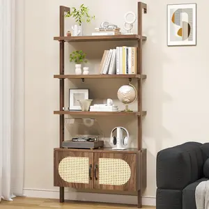 72" Tall Industrial Bookshelf Ladder with 1" Thick Wood - Faux Wood Grain Finish, 5-Tier Open Wall Mount Storage Shelf for Living Room, Bedroom, Rustic Brown