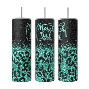 March Birthday 20 oz Tumbler Coffee Drinkware Insulated Lid Skinny Portable with Leopard Glitter Design Custom Sublimation Handmade