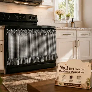 Handmade Oven Skirt Curtain for Door Kitchen Dishwasher Hidden Curtain Tie Top Farmhouse Meadow Skirt Heat-Resistant for Stove Kitchen Décor with Ruffles and Ribbon Ties Heat Resistant