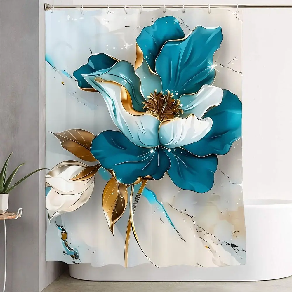 1/4pcs Teal White Floral Bathroom Set with Gold Accents, Large Shower Curtain, 2 Matching Bath Mats & Toilet Seat Cover - Perfect for Spring/Summer Decor, Shower Essentials, Shower Curtain Sets, Bathroom Decoration Accessories, Bathroom Supplies