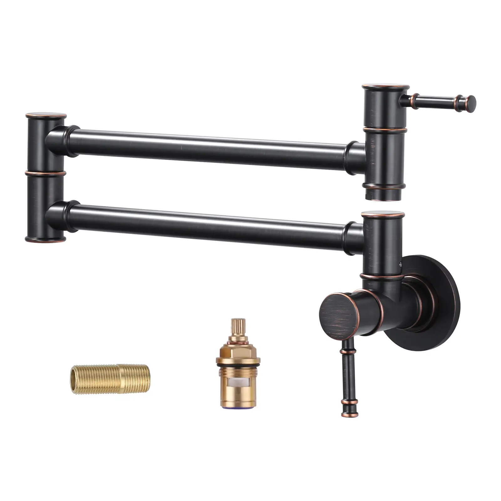 WOWOW Solid Brass Wall-Mount Foldable Arm Double Handle Pot Filler Faucet for Kitchen Sink, Over-Stove Single-Hole Faucet with Cold Water Function, Oil Rubbed Bronze, Double Handle Faucet