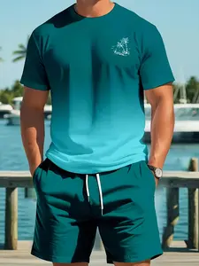Men's fashionable casual sportswear set: Seaside resort style, round neck T-shirt with coconut tree print and drawstring shorts set. Comfortable, versatile, and suitable for outdoor activities.