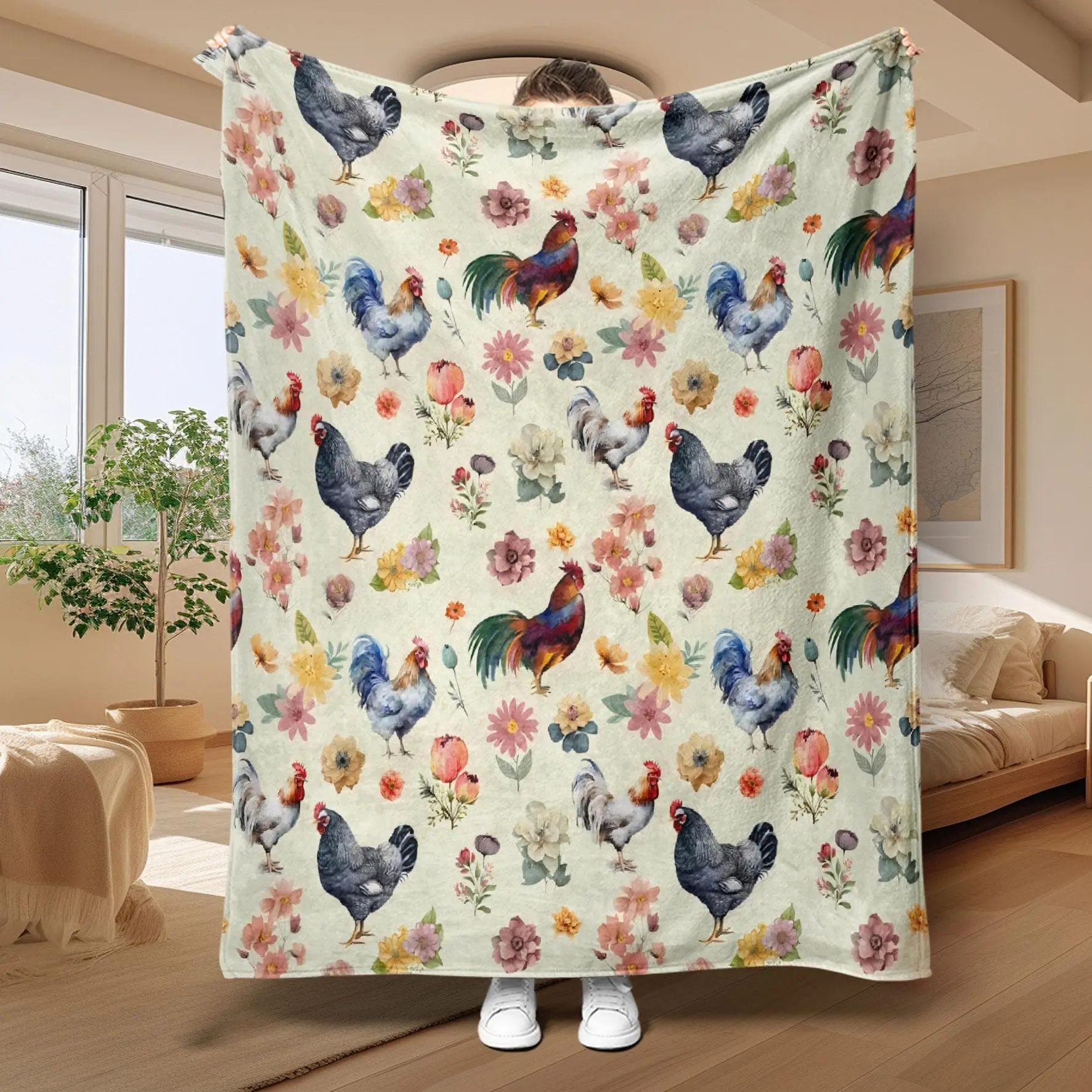 Ultra-Soft Polyester Watercolor Floral Roosters Flannel Blanket, Large Size, Lightweight, Multi-Use for Home/Office, All-Season Bedding & Throw
