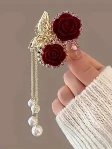 Elegant Vintage Rose Pearl Dangle Hair Clip, Flower Hair Clip, Alloy Floral Design, Felt Rose & Transparent Gemstone, Perfect Gift for Mother's Day/valentine's Day, Hairclip