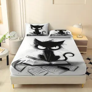 3-Piece Cartoon Cat Printed Bed Sheet Set, Queen Mattress Cover, Double Mattress Protective Cover, King Queen Style Bedding Set, Polyester Machine Washable, Bedroom And Guest Room, Birthday Gift (1 Bed Sheet+2 Pillowcases, Coreless)