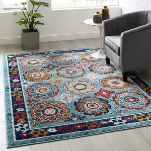 Modway Entourage Odile Distressed Floral Moroccan Trellis 5x8 Area Rug in Blue, Red, Orange Yellow