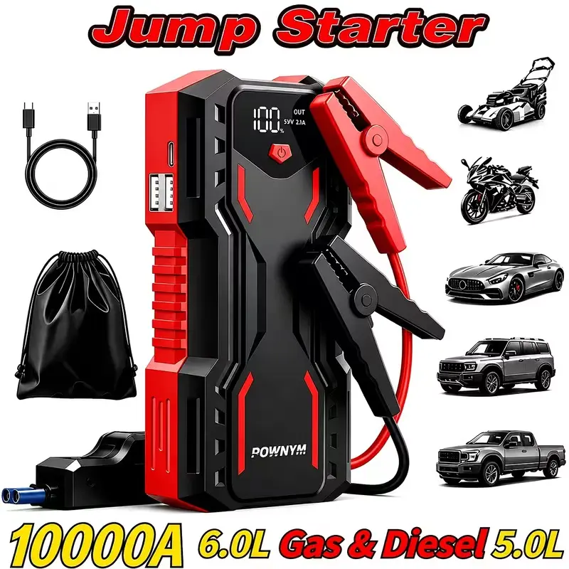 POWNYM 2-in-1 12V 10000A Automotive Car Battery Jump Starter - Batteries Peak Boost, 3-Mode LED Light, Compact Portable Unit, Power Management IC, Power Indicator, Built-in LCD Display, Dead-Car Jump for Gas Vehicles, Lead Emergency Tool Upgrade,gift,Gift