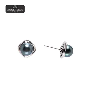 ANGEPERLE S925 Silver Tahitian Pearl Stud Earrings 9-10mm TKJY05