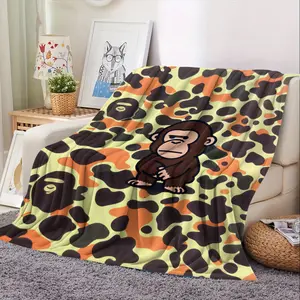 BAPE Warm Camo Flannel Sofa Bed Blanket, Trendy Street Style with Iconic Ape Figure Fleece Blanket, Soft Smooth Thick Dense, Indoor Outdoor Use, Street Fashion Home Decor, Gift for Streetwear Enthusiast
