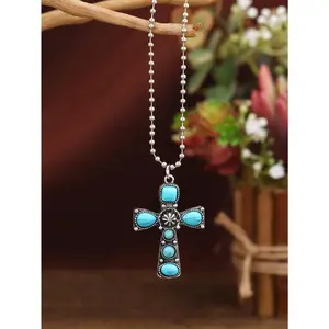 Turquoise Decor Cross Charm Necklace