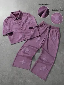 Men's Soft Suede Star Bubble Print 2-Piece Set, American Style Short-Sleeve Wide Leg Pants, Trendy Men's Fashion