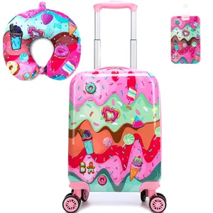 Heavy Duty Wheeled Suitcase Set for Kids 3-Pcs, Lightweight Hard Shell Travel Luggage with Matching Neck Pillow, Trendy Heart Birthday Gift for Students portable