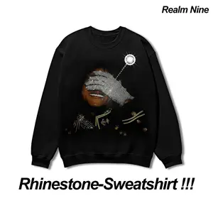 Realm Nine Unisex 100% Cotton Long Sleeve Sweatshirt Sparkly Rhinestone Graphic Top Oversized Streetwear Pullover Casual Outfit Plus Size Women's T-Shirt