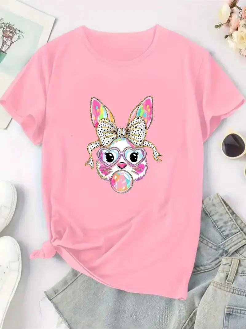 Women's Cute Easter Bunny Bubble Gum Heart Glasses Graphic T-Shirt Rainbow Rabbit Casual Short Sleeve Tee