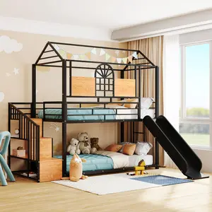 [Bellemave] Twin Over Twin Metal Bunk Bed with Slide and Storage Stair, Housebed with Safety Guardrail for Boys Girls