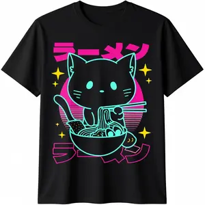 Men's Cotton Round Neck Short-Sleeve T-Shirt, Kawaii Cat Graphic Fashion Streetwear Casual Top, Gift for Him, Shortsleeve, Tshirt,summervibes