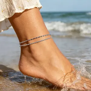 Silver Broken Silver Elliptical Anklets, Double Layered Two Piece Set, Silver Anklets for Women Non Tarnish, Fashionable Elegant Beach Foot Jewelry